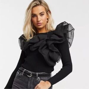 Boston Proper Organza Ruffle Ribbed Sweater Top in Black avant garde size medium